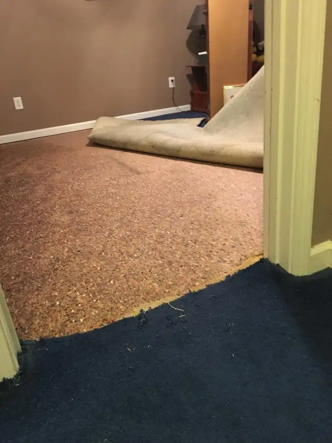 Carpet pad removal revealing water damage during Water Mitigation Services in Converse